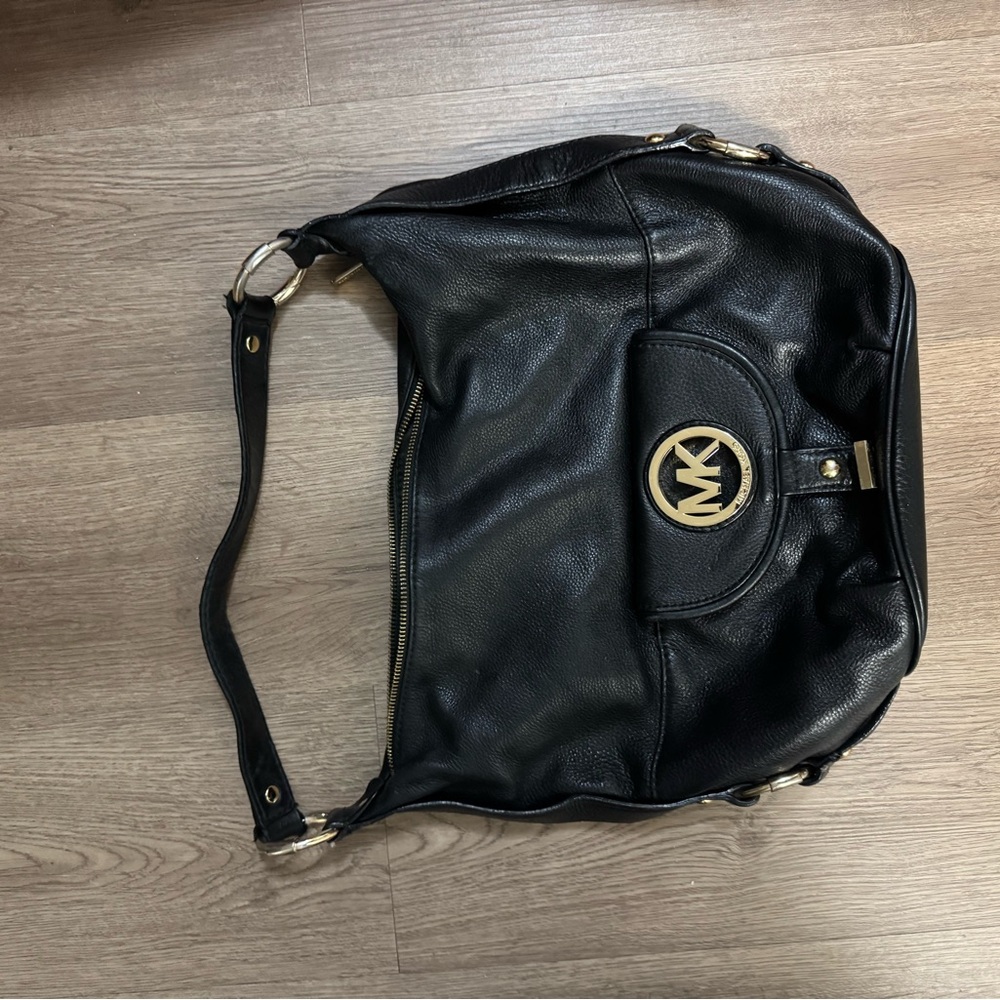 Michael Kors Black Leather Shoulder Bag with Gold Accents